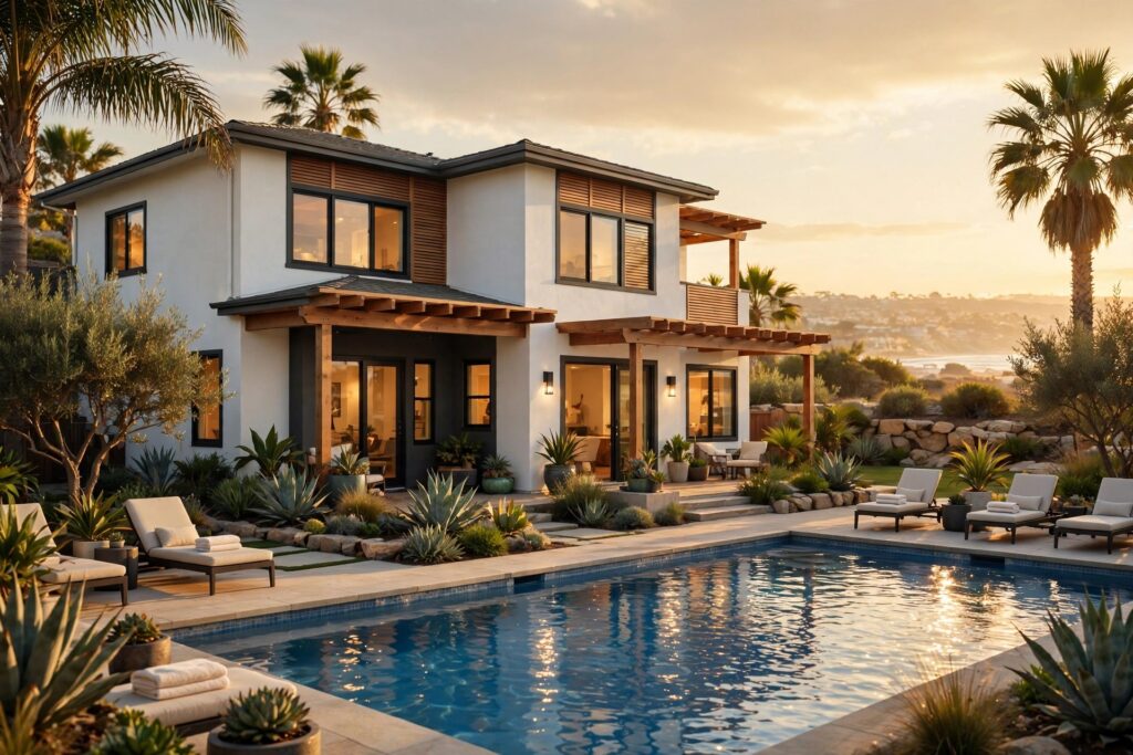 San Diego vacation rental home with pool at sunset