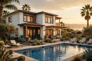 San Diego vacation rental home with pool at sunset