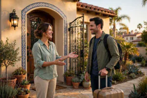 Skye Management host greeting a guest at a Spanish-style San Diego vacation rental home