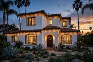 San Diego vacation rental home at dusk with warm interior lights and holiday string lights, palm trees