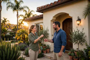 Vacation rental manager handing house keys to a homeowner in San Diego