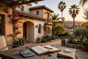 San Diego vacation rental home at golden hour with calculator and notebook on patio table
