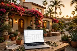San Diego vacation rental home at golden hour with a laptop showing a pricing calendar on the patio