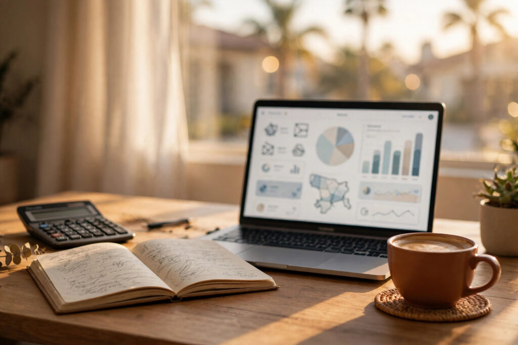 Laptop displaying financial charts, graphs, and a map beside a calculator on a desk in warm sunlight