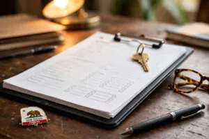 Clipboard with rental license application documents, a house key, reading glasses and a San Diego pin on a desk
