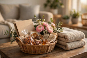 Welcome gift basket with pink flowers, dried oranges, wrapped treats, and a folded towel on a table in a vacation rental